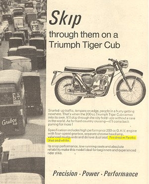 1966 advert for T20B Bantam Cub stating 'Finished in Pacific Blue and white'.